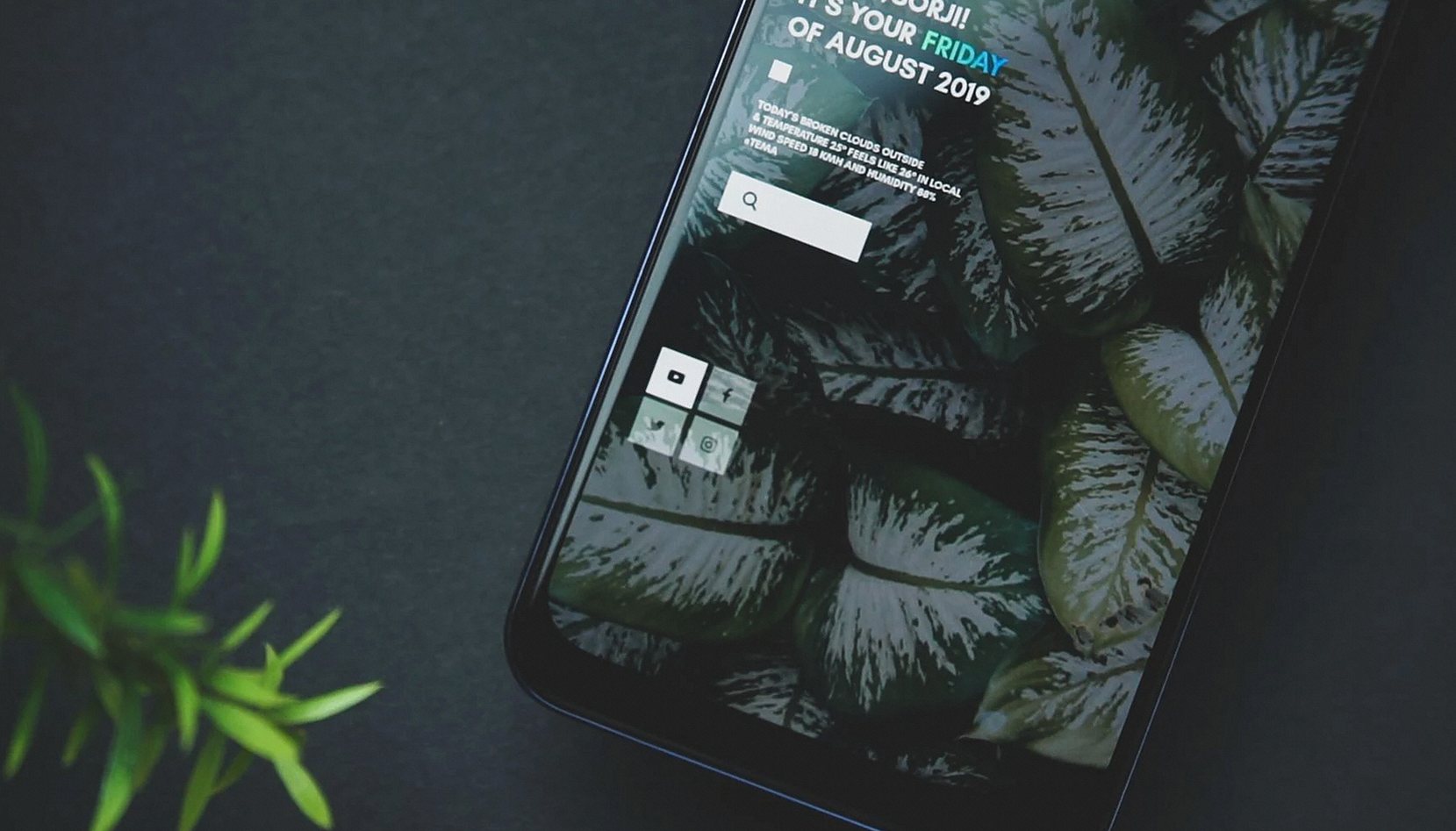 植物の葉の壁紙とアプリが表示されたスマートフォンのクローズアップ。